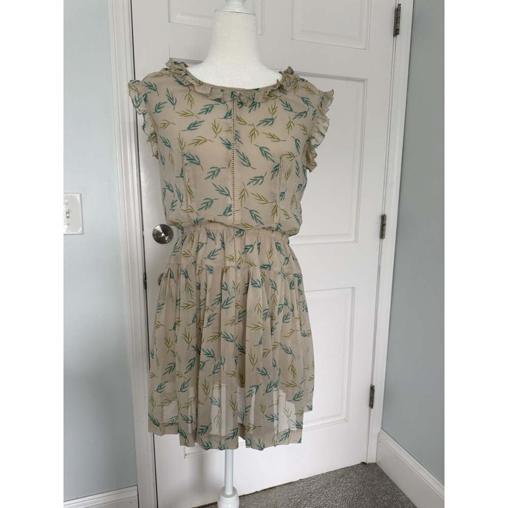 Floral Ruffle short Sleeve beige green Chiffon Mini Dress M